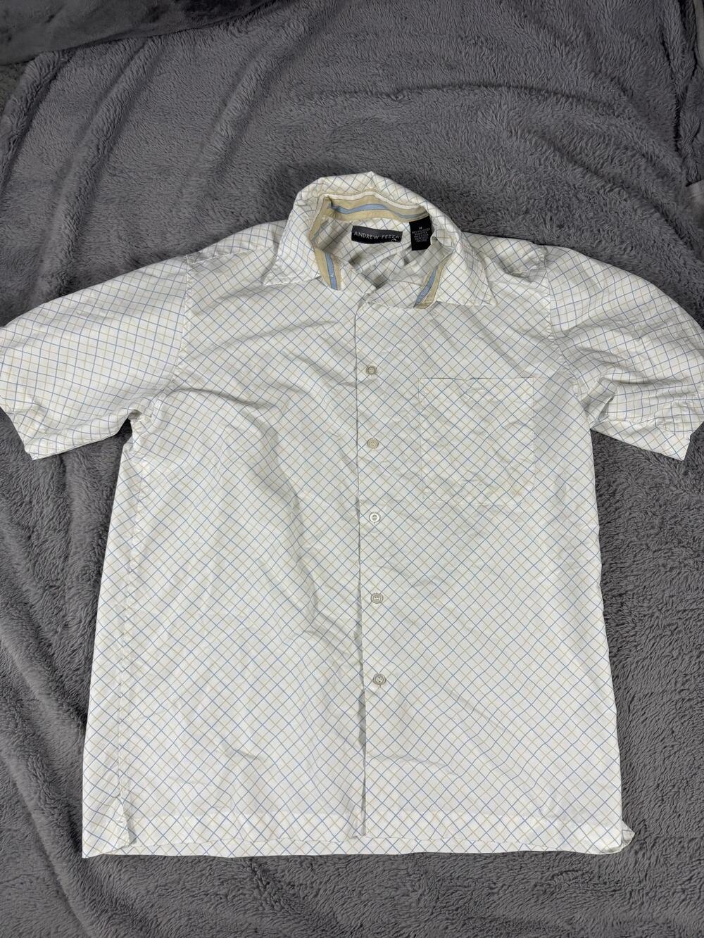 Andrew Fezza Shirt Mens Medium White Check Short Sleeve Button Up Casual Woven